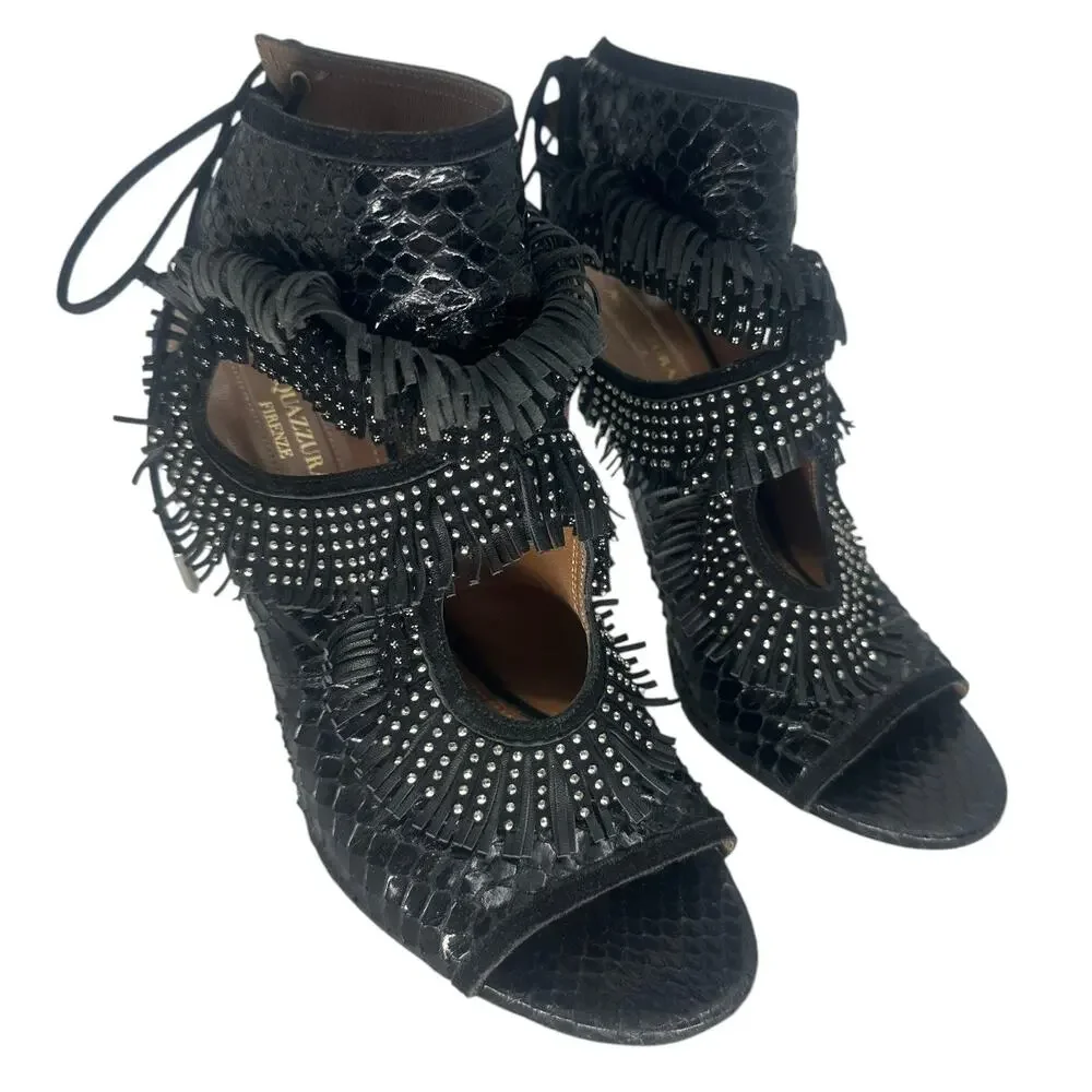 Aquazzura Sexy Thing Black Python Studded Fringe Stiletto Sandals Women's 38.5